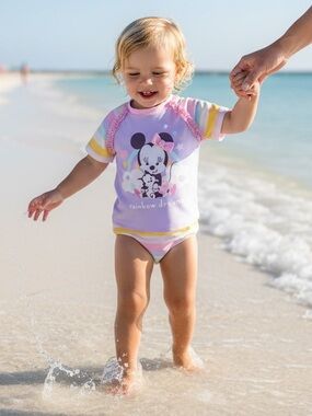 Disney Girls' Lavender Minnie Mouse Rainbow Stripe Rashguard Swim Set